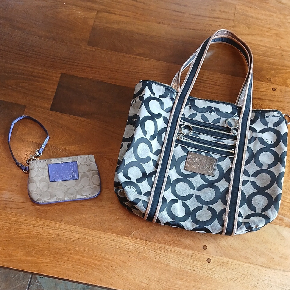 Coach Black and Gray Geometric Tote and Poppy Wristlet